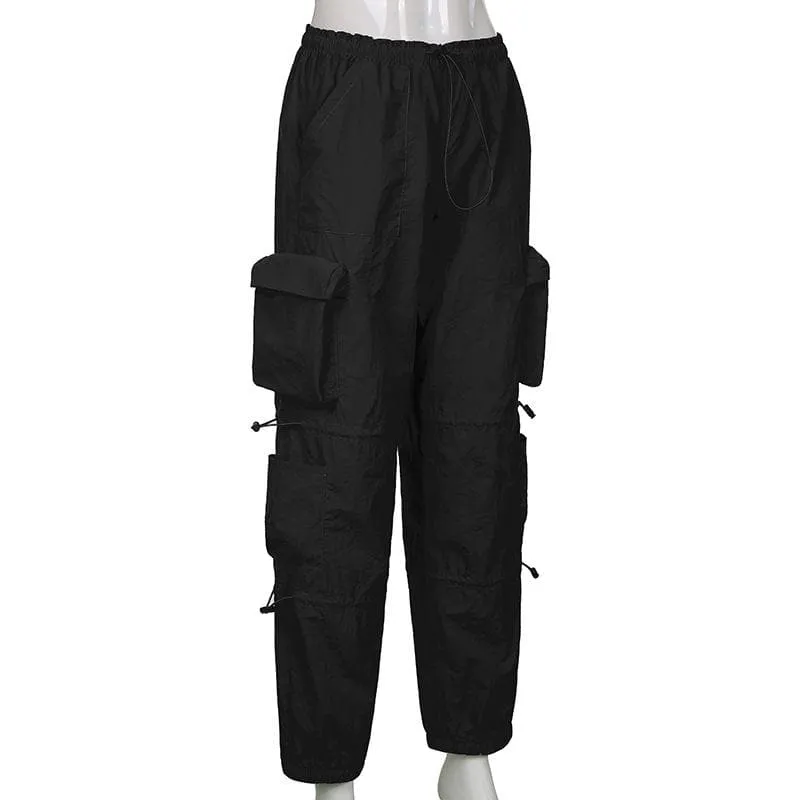 Drawstring solid cargo pocket low rise baggy pant