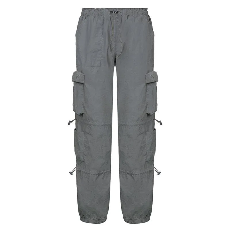 Drawstring solid cargo pocket low rise baggy pant