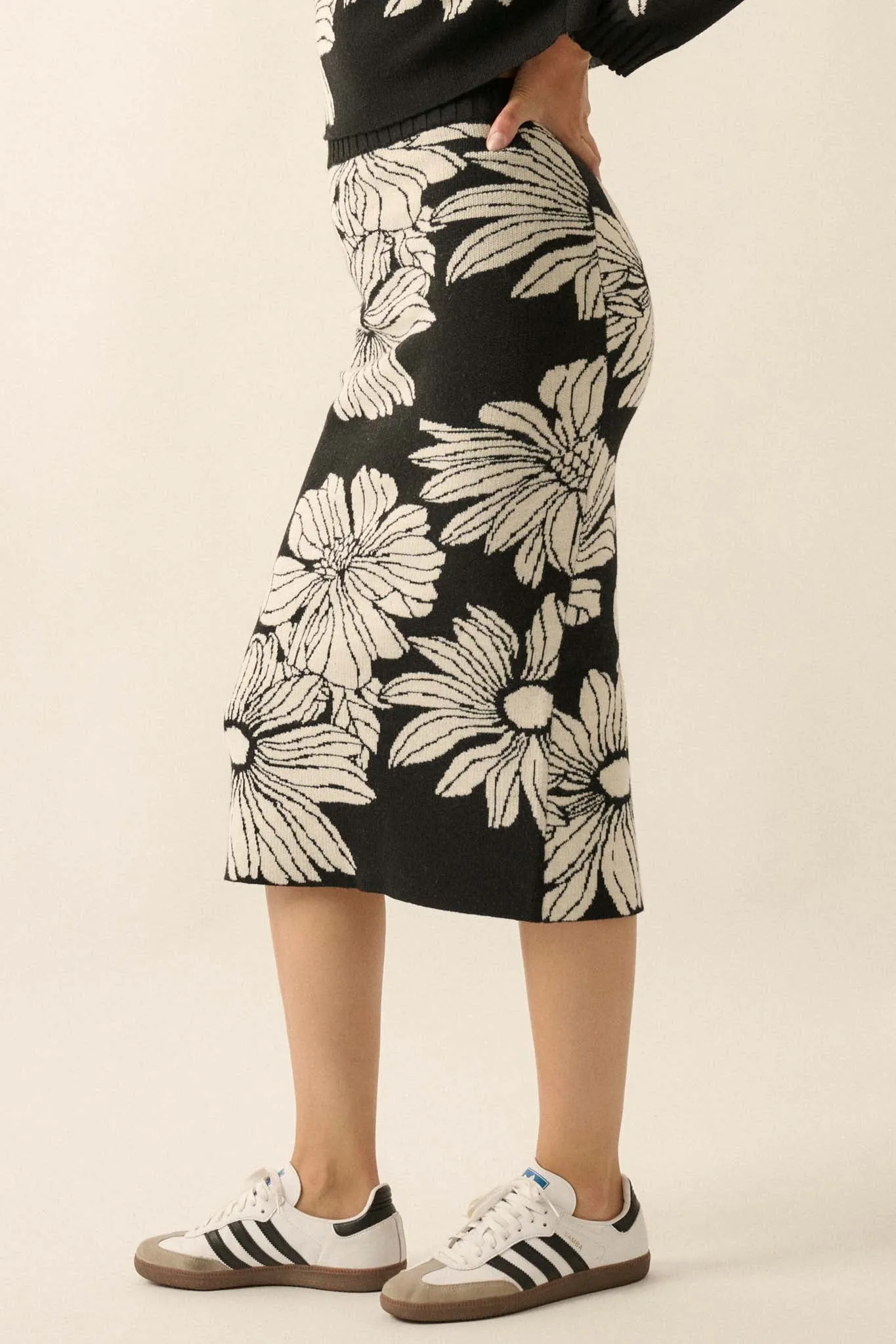 Fallen Flowers Floral Knit Midi Sweater Skirt