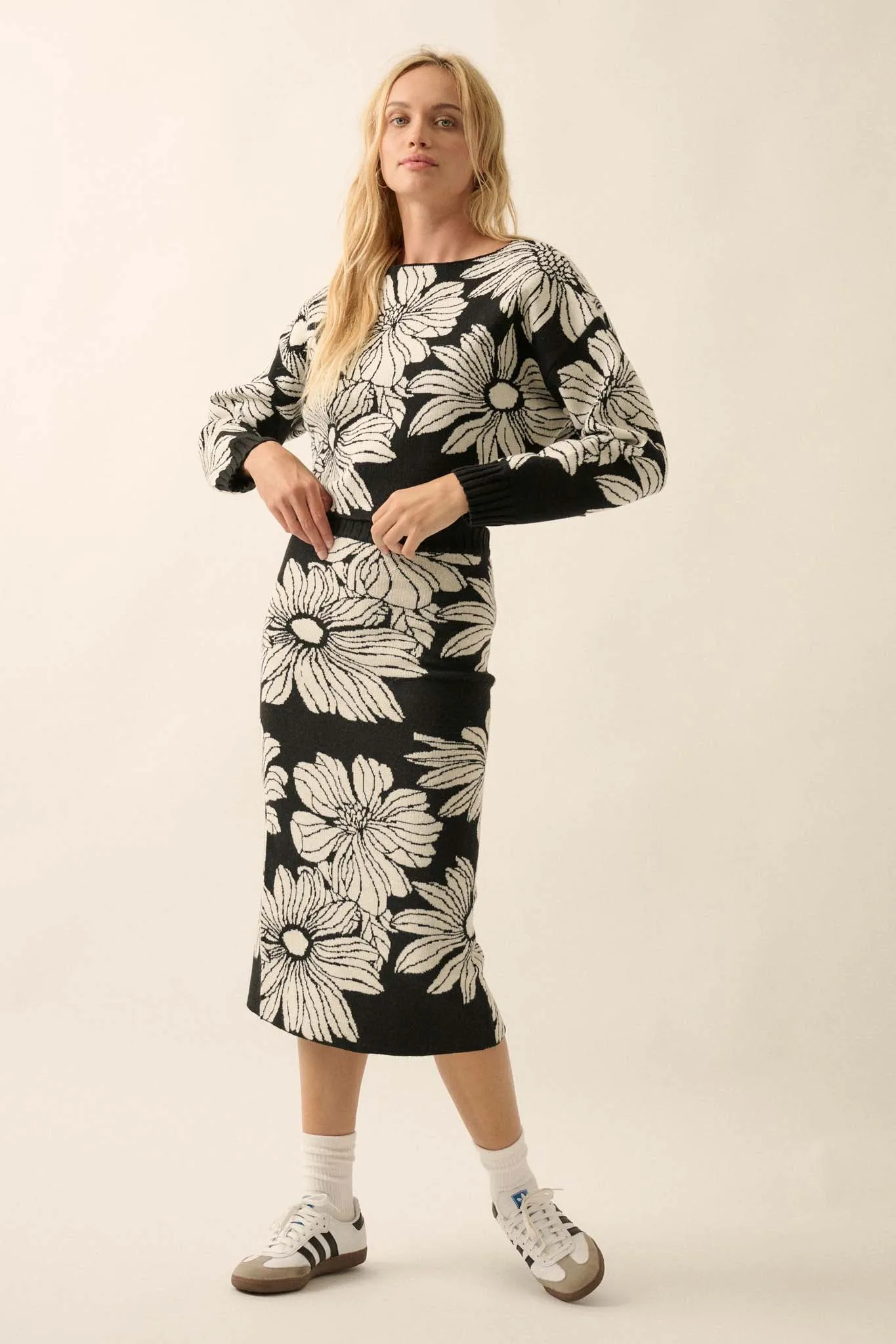 Fallen Flowers Floral Knit Midi Sweater Skirt