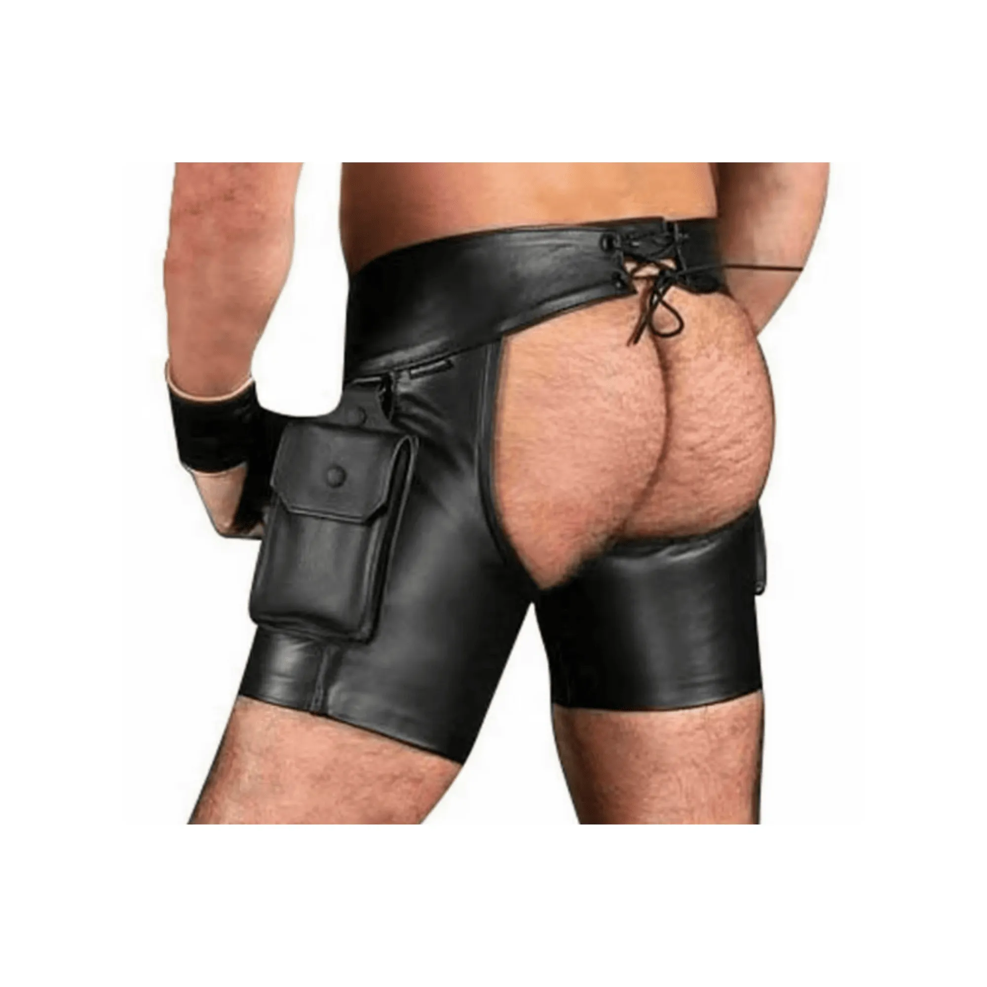 Fetish Wear Mens Gay Leather Shorts with Jockstrap and Wrist Bands