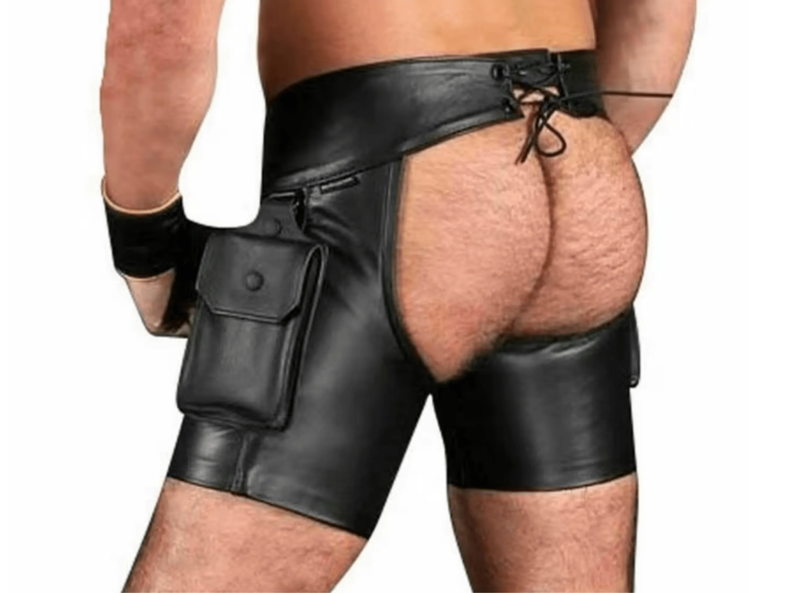 Fetish Wear Mens Gay Leather Shorts with Jockstrap and Wrist Bands