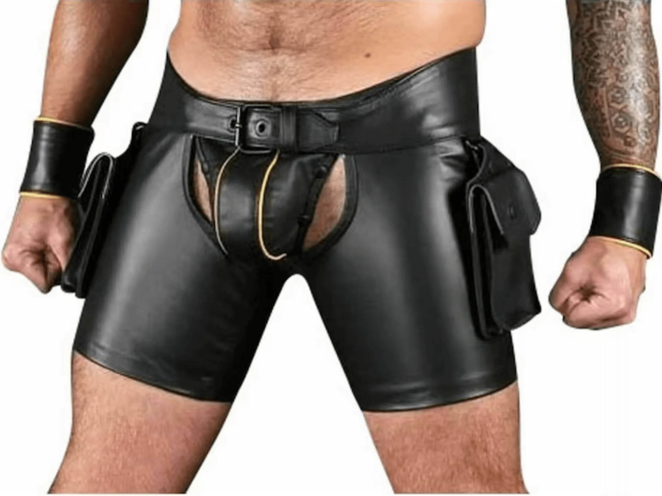 Fetish Wear Mens Gay Leather Shorts with Jockstrap and Wrist Bands