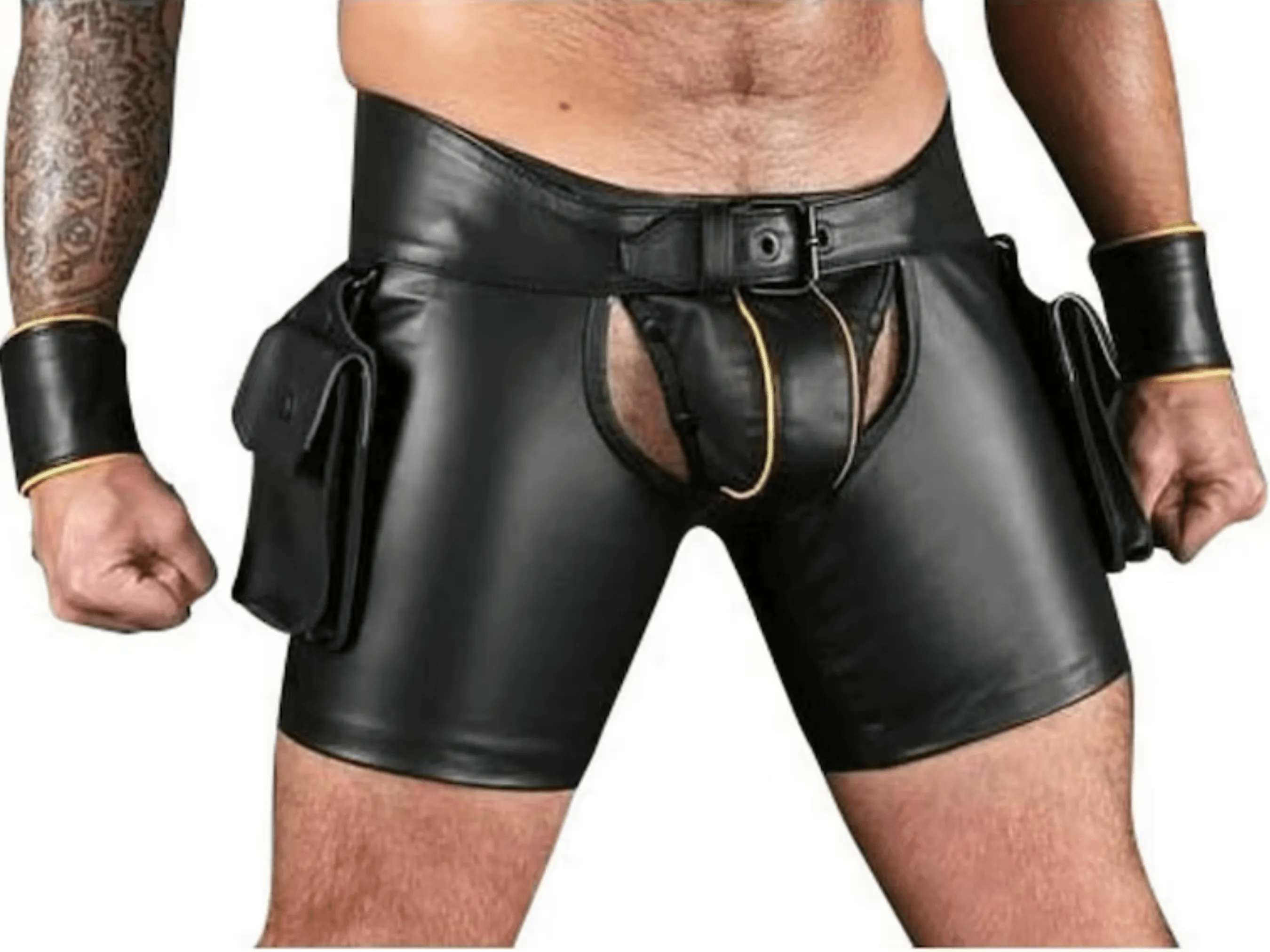 Fetish Wear Mens Gay Leather Shorts with Jockstrap and Wrist Bands