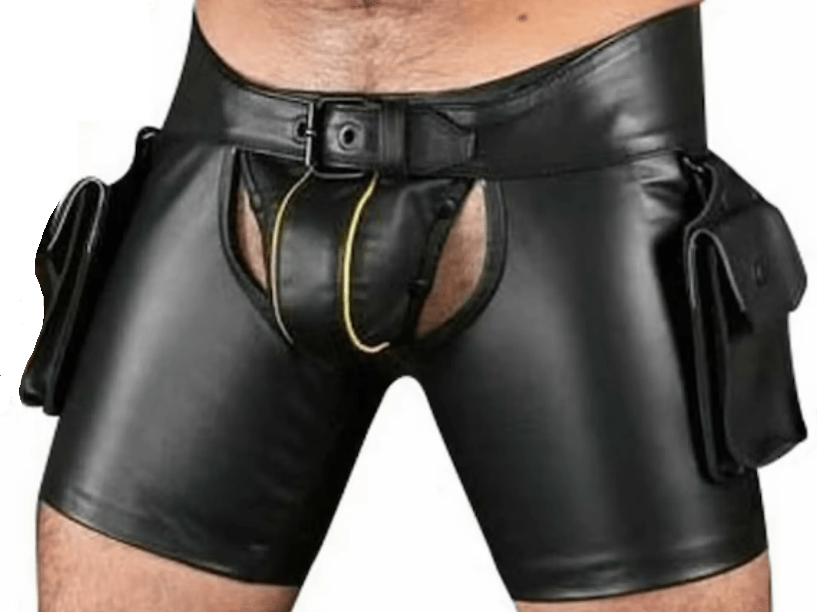 Fetish Wear Mens Gay Leather Shorts with Jockstrap and Wrist Bands