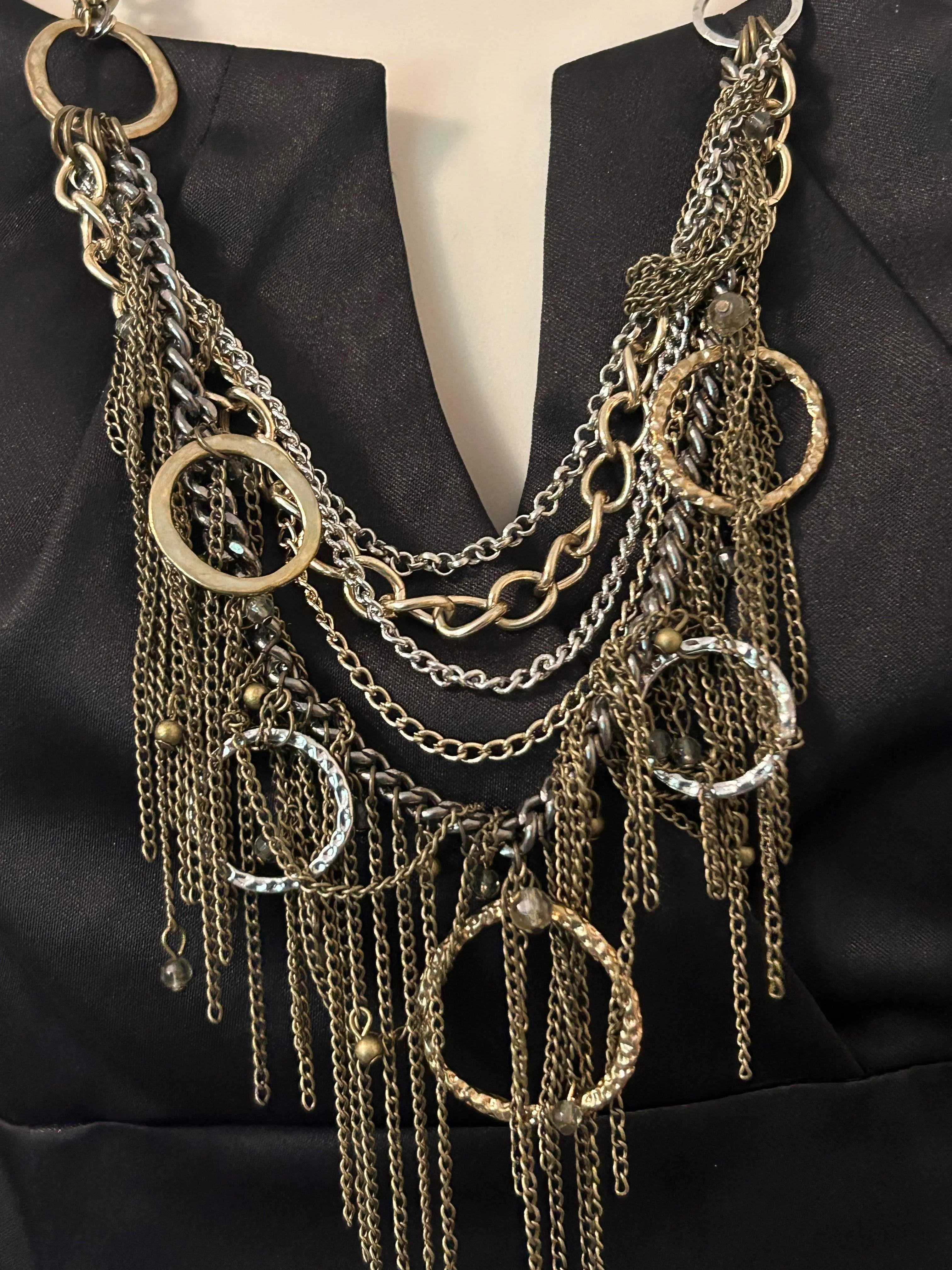 Industrial Multi-Layer Chains and Circles Statement Necklace