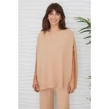 Italian Knit Oversized V-Neck Poncho Sweater - Camel