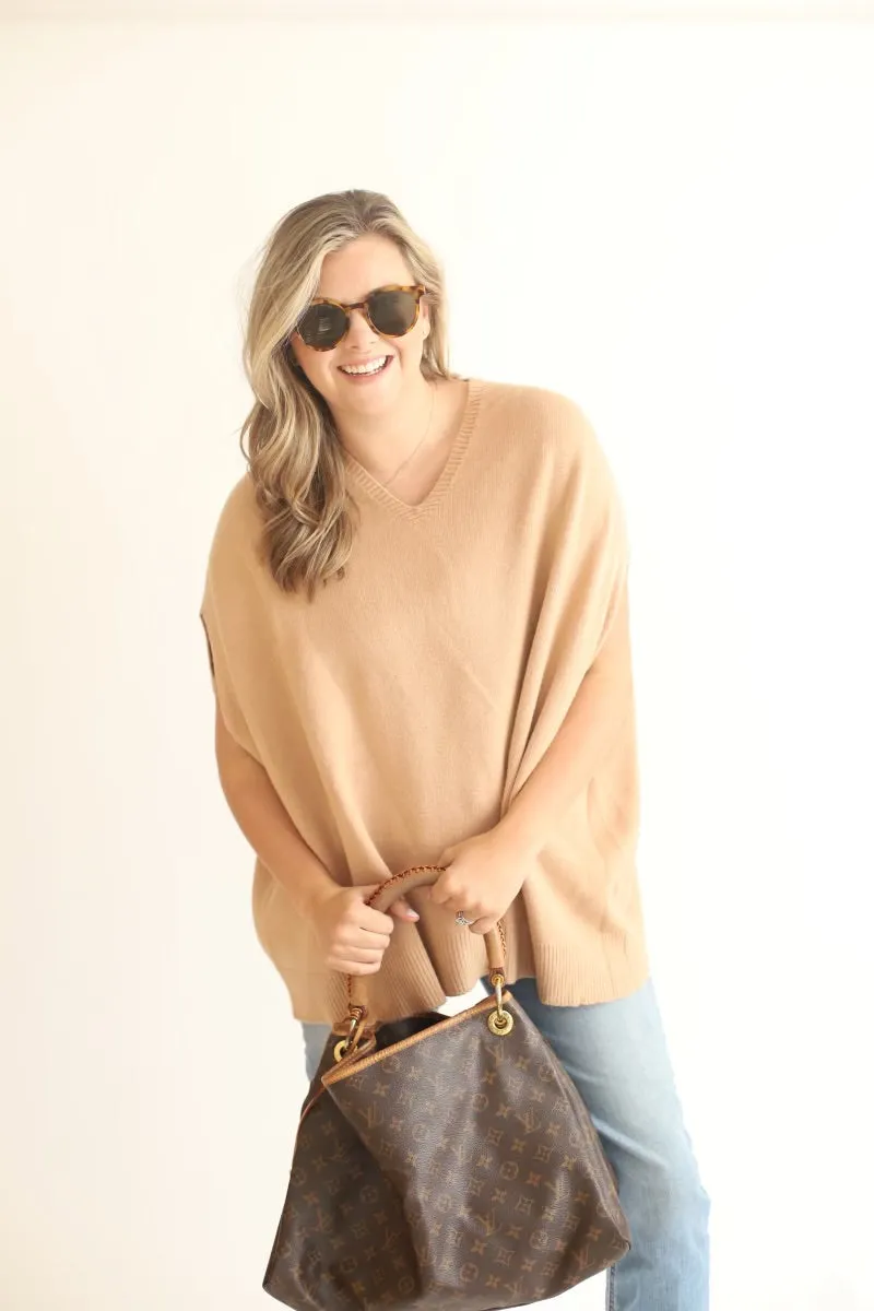 Italian Knit Oversized V-Neck Poncho Sweater - Camel