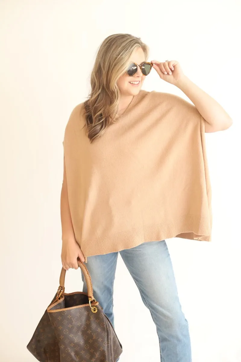 Italian Knit Oversized V-Neck Poncho Sweater - Camel