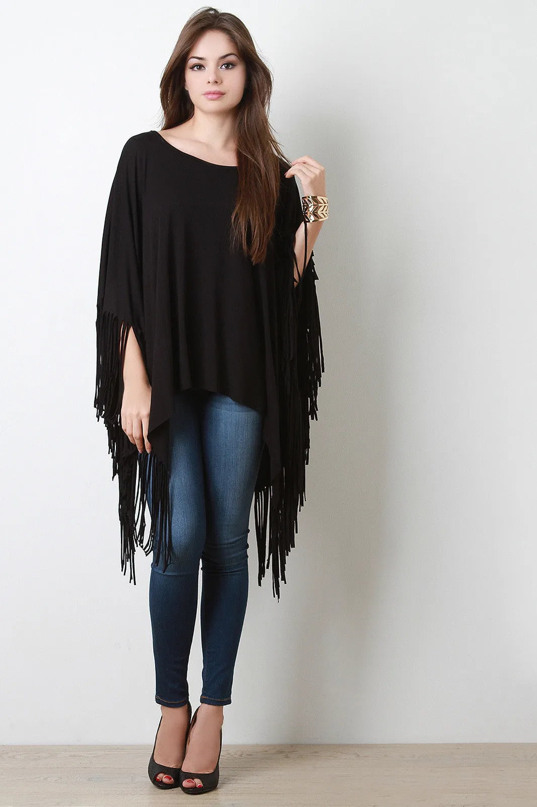 Jersey Knit Fringe Handkerchief Hem Poncho