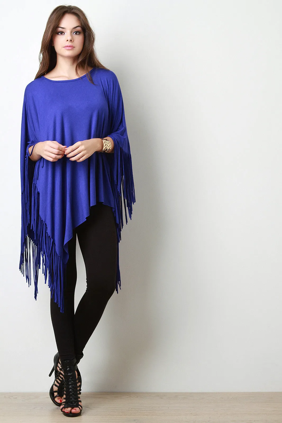 Jersey Knit Fringe Handkerchief Hem Poncho