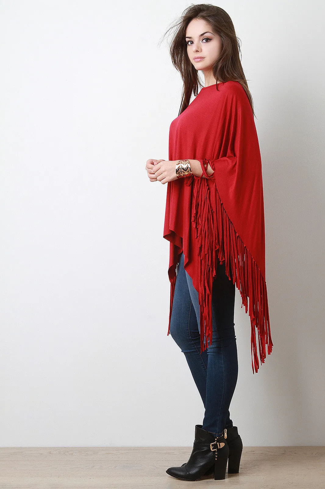 Jersey Knit Fringe Handkerchief Hem Poncho