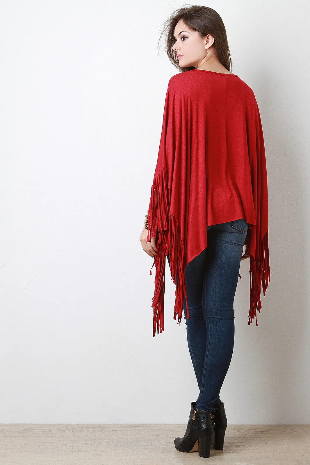 Jersey Knit Fringe Handkerchief Hem Poncho