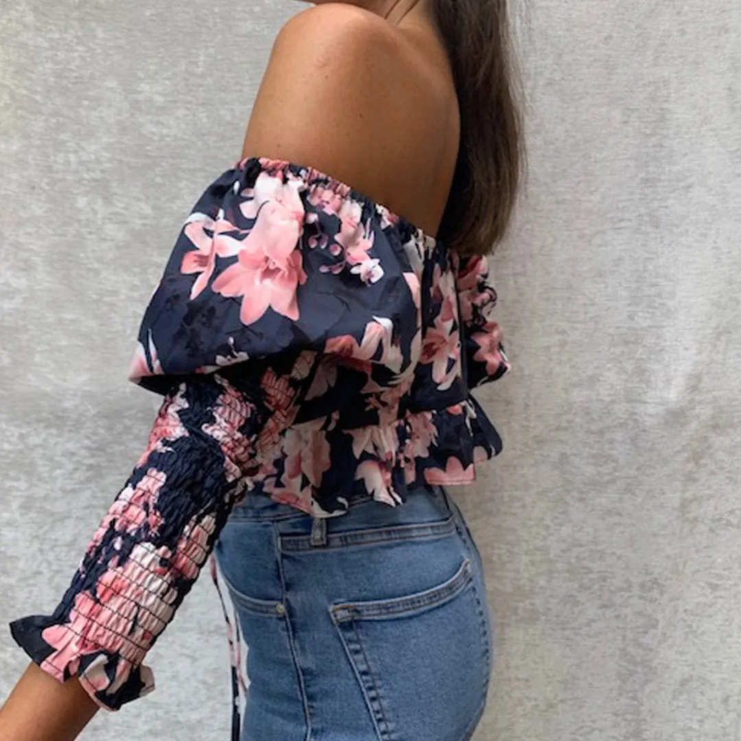 JORDANNA Long Sleeve Floral Print Crop Top