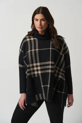 Joseph Ribkoff Black/Oatmeal Cowl Neck Plaid Poncho Style 233965