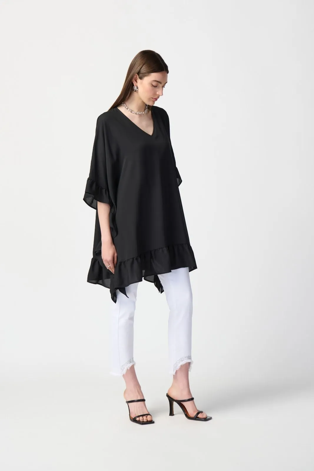 Joseph Ribkoff V-Neck Ruffled Oversized Poncho Tunic Top 241311