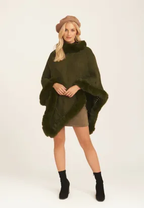 Khaki Fur Trim Knit Poncho