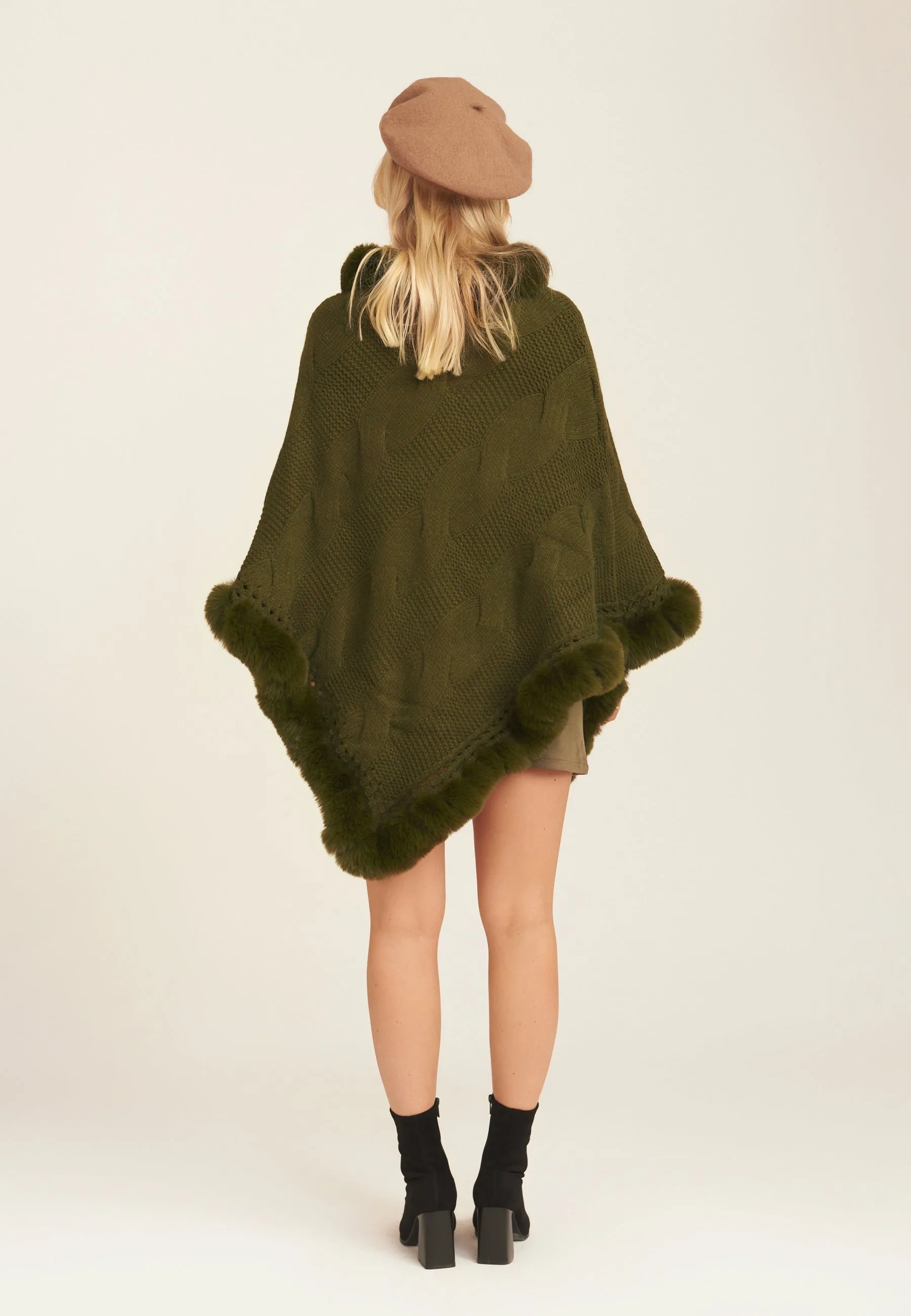 Khaki Fur Trim Knit Poncho