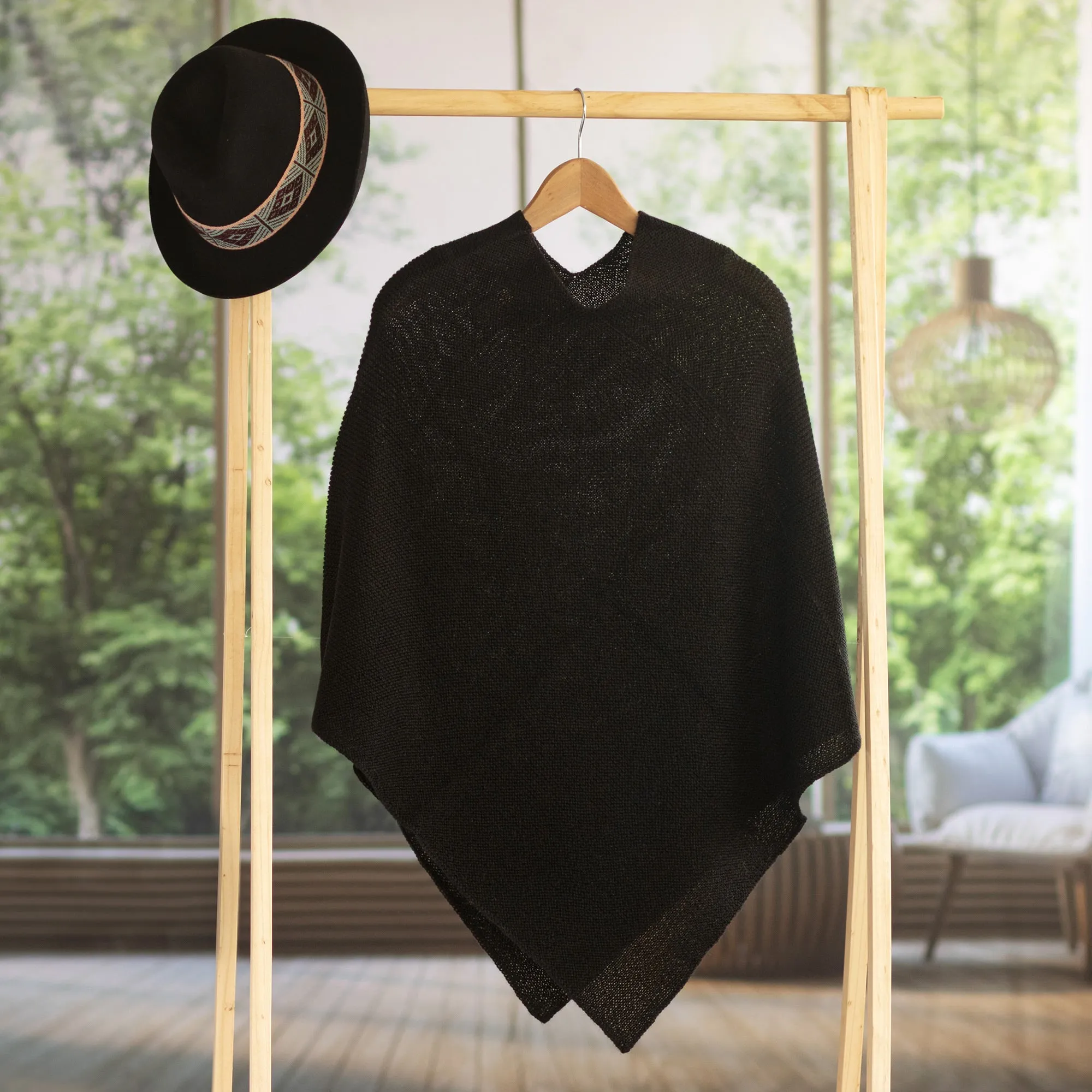 Knit 100% Alpaca Black Poncho from Peru - Enchanted Evening in Black | NOVICA