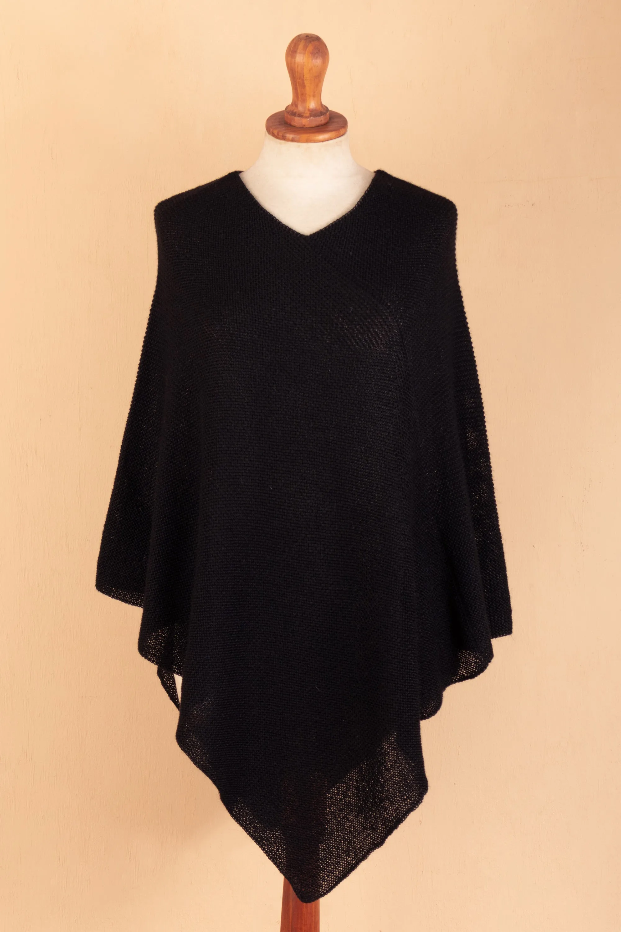 Knit 100% Alpaca Black Poncho from Peru - Enchanted Evening in Black | NOVICA