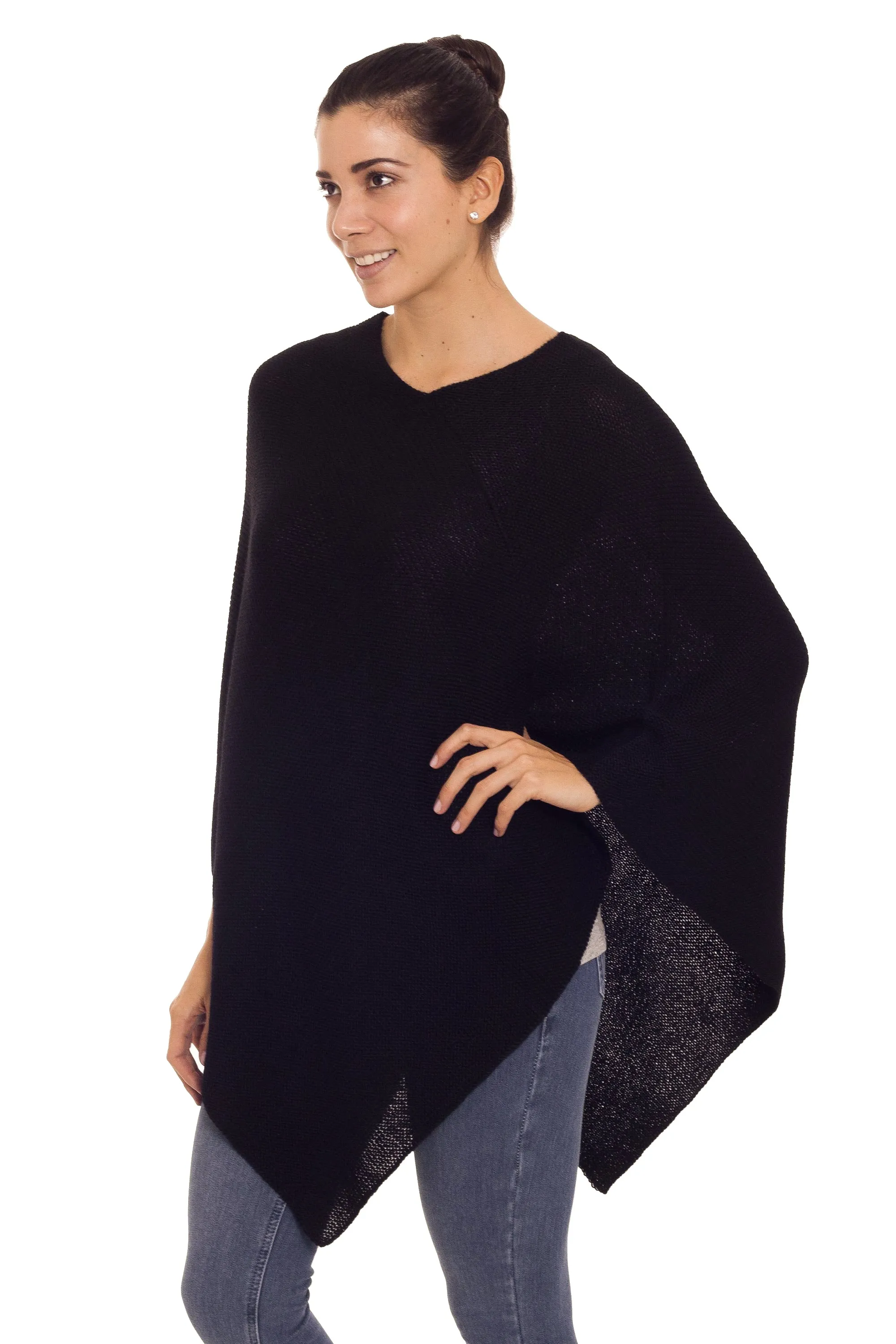 Knit 100% Alpaca Black Poncho from Peru - Enchanted Evening in Black | NOVICA