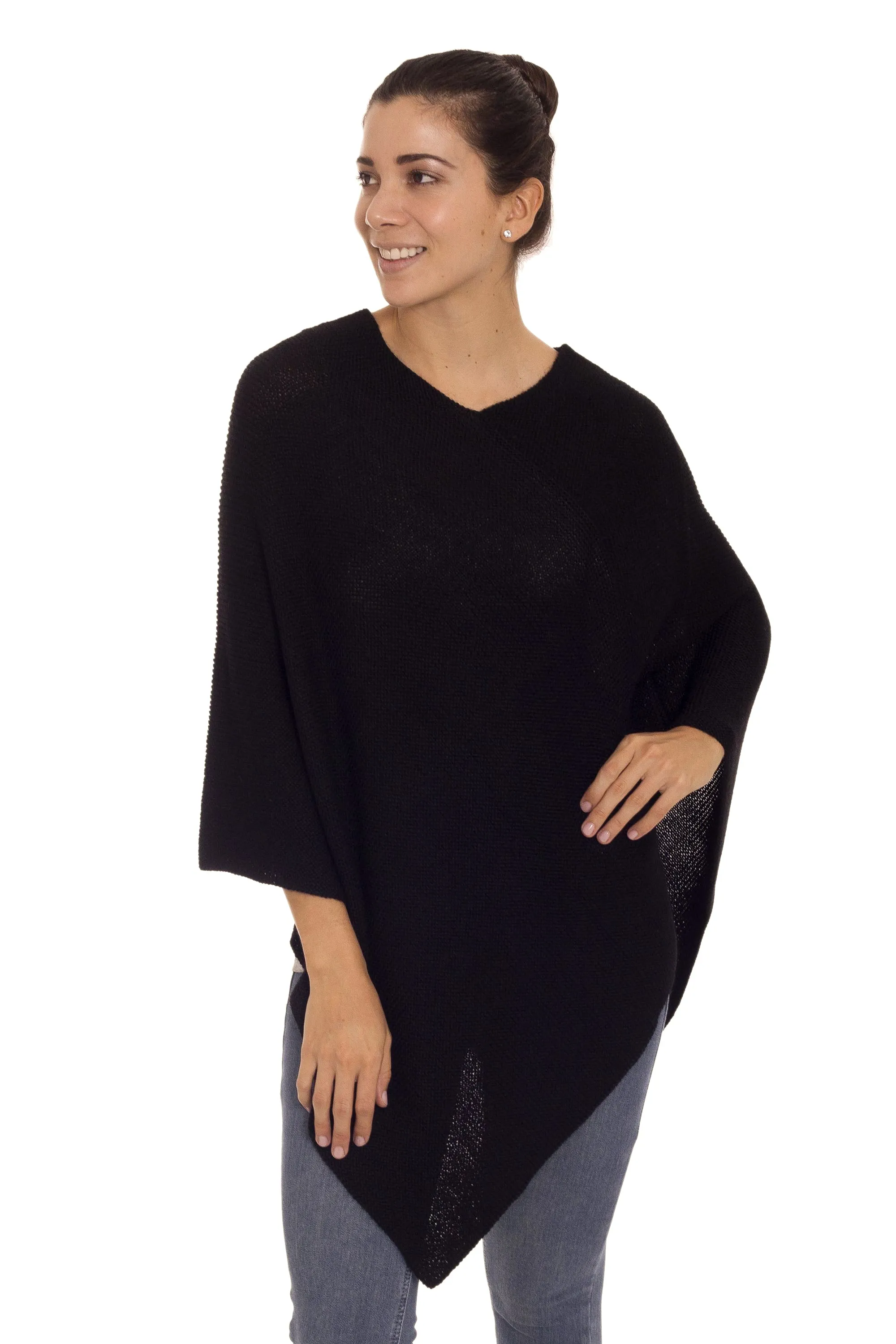 Knit 100% Alpaca Black Poncho from Peru - Enchanted Evening in Black | NOVICA