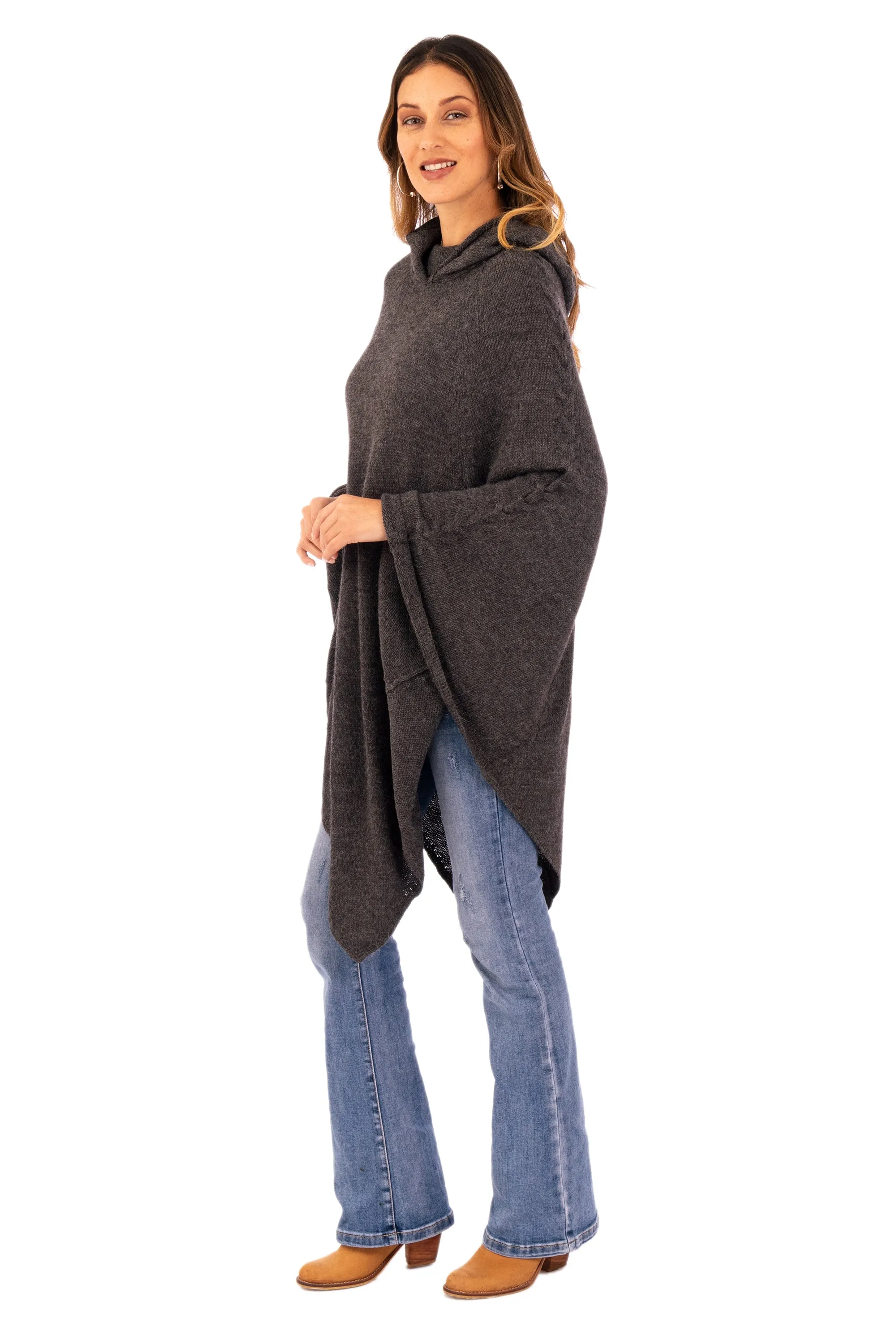 Knit Alpaca Blend Hooded Poncho in Graphite from Peru - Adventurous Style in Slate | NOVICA