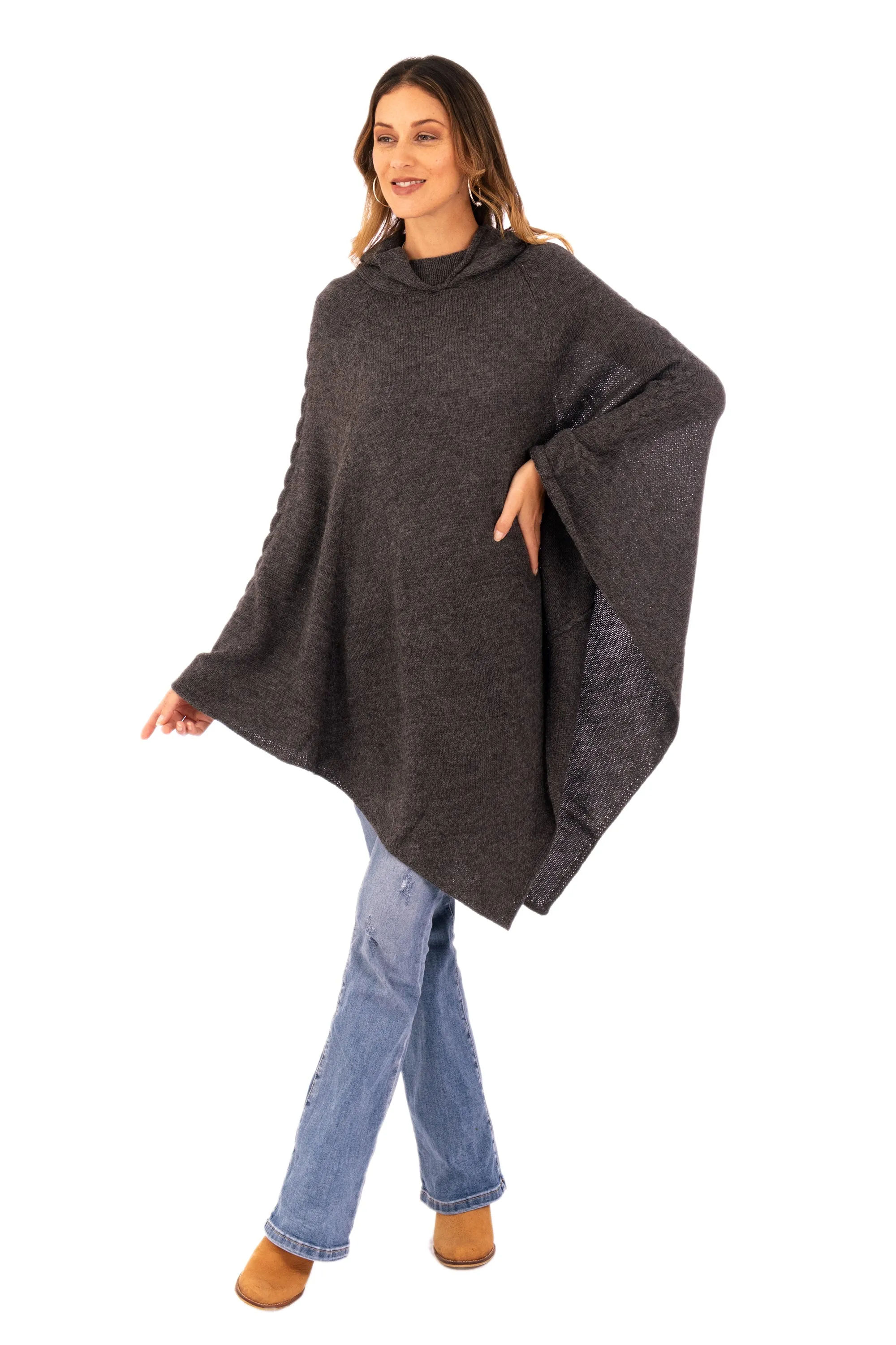 Knit Alpaca Blend Hooded Poncho in Graphite from Peru - Adventurous Style in Slate | NOVICA