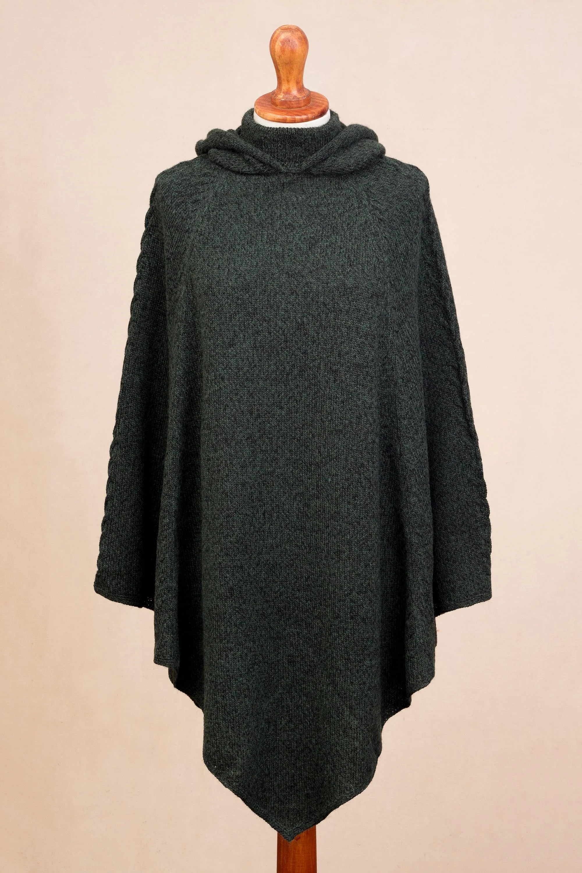 Knit Alpaca Blend Hooded Poncho in Moss from Peru - Adventurous Style in Moss | NOVICA