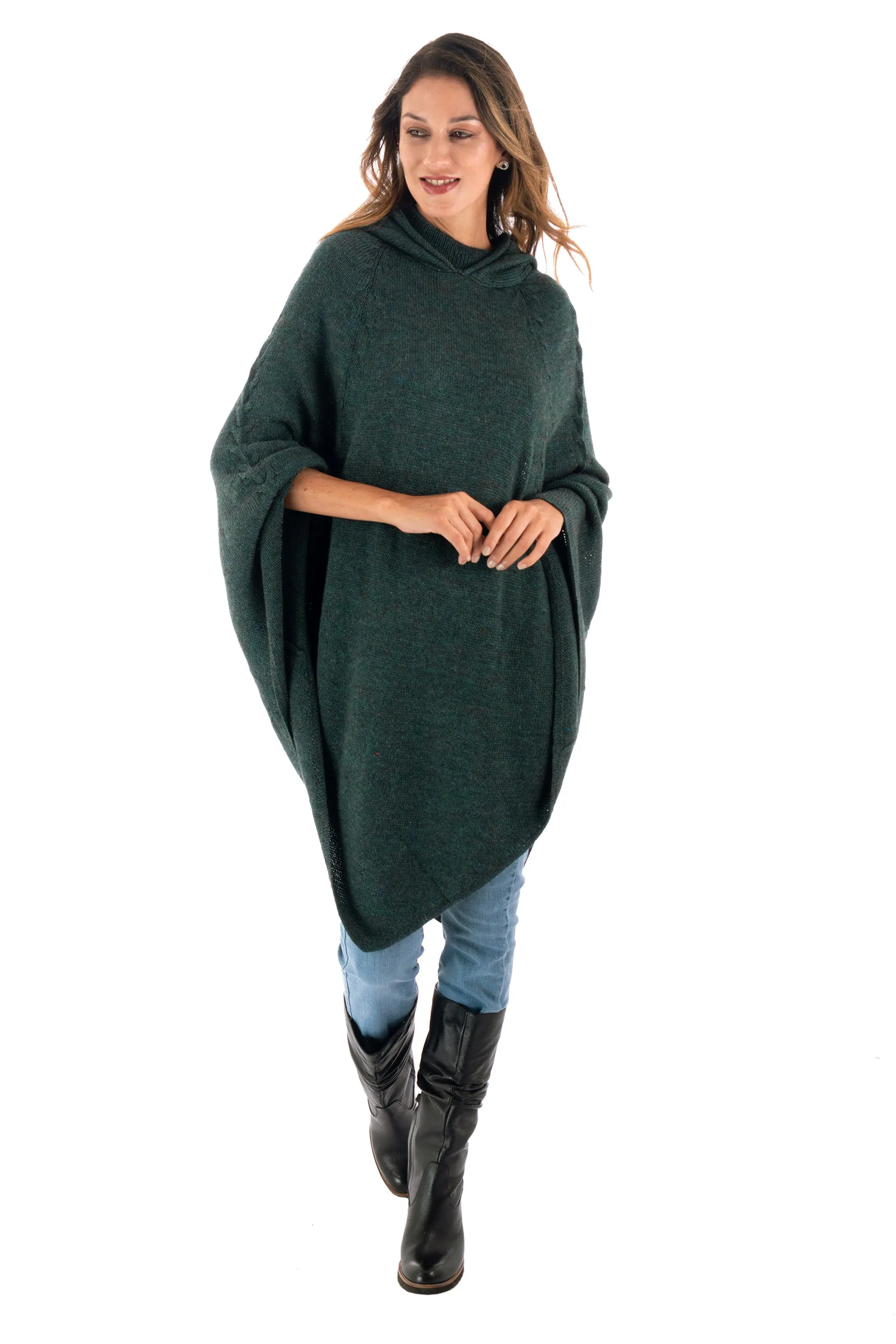 Knit Alpaca Blend Hooded Poncho in Moss from Peru - Adventurous Style in Moss | NOVICA