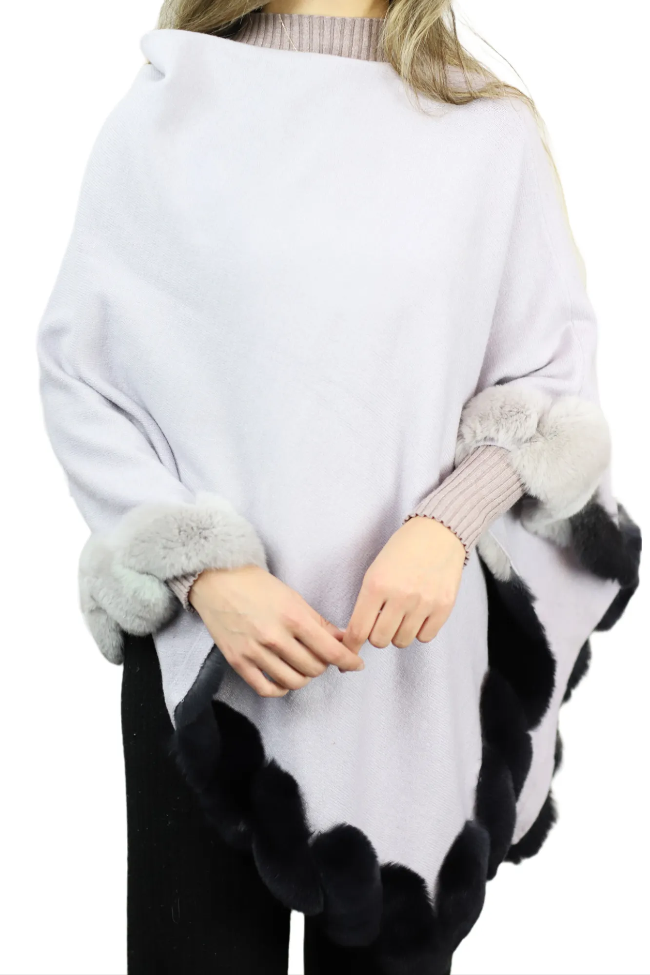 La Fiorentina | Asymmetrical Poncho with Ombre Fur Trim - Gray