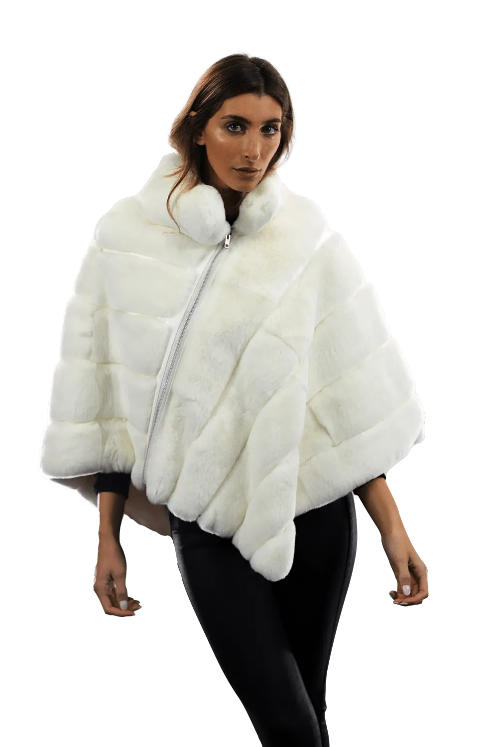 La Fiorentina -  Two Tone Rex Rabbit Poncho with Zipper - White