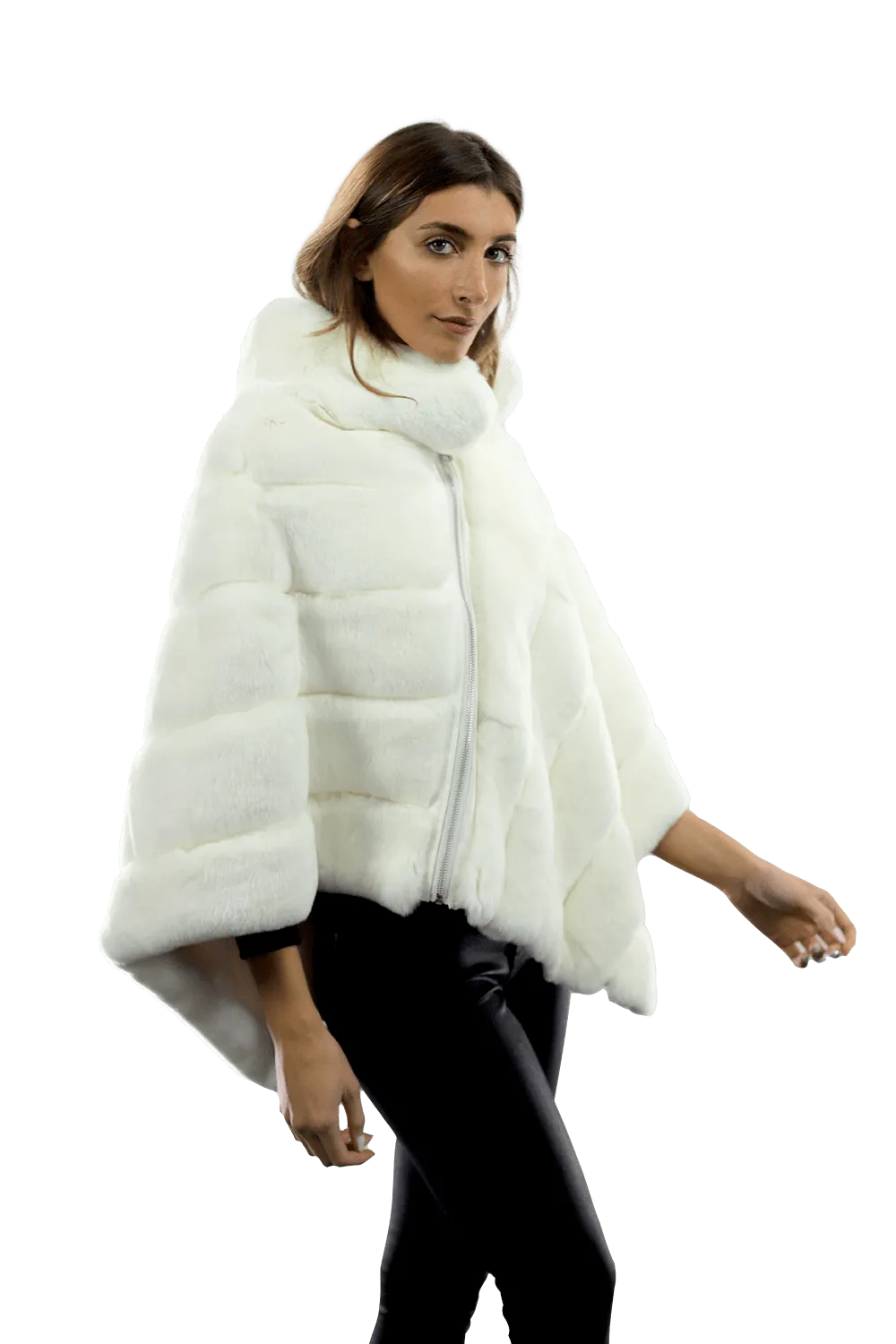 La Fiorentina -  Two Tone Rex Rabbit Poncho with Zipper - White