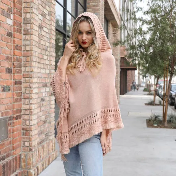 Lace Up Knit Poncho with Hood