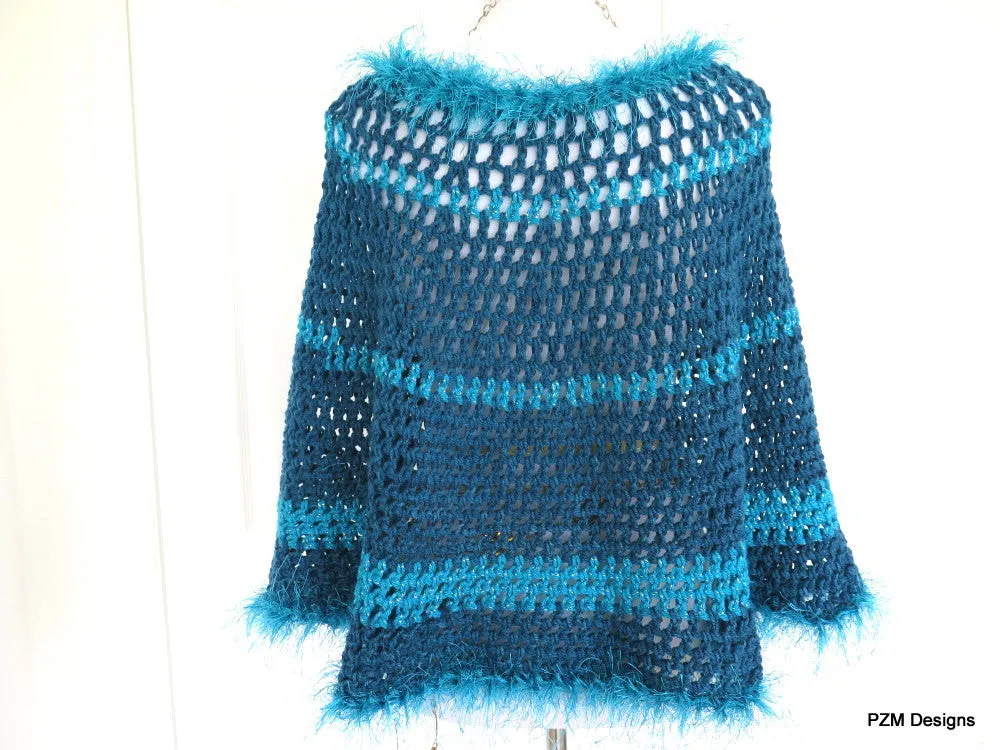 Large Blue Circle Poncho with Fur Trim, Hippie Crochet Poncho