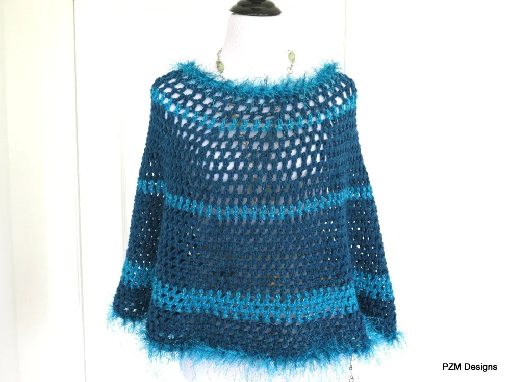 Large Blue Circle Poncho with Fur Trim, Hippie Crochet Poncho