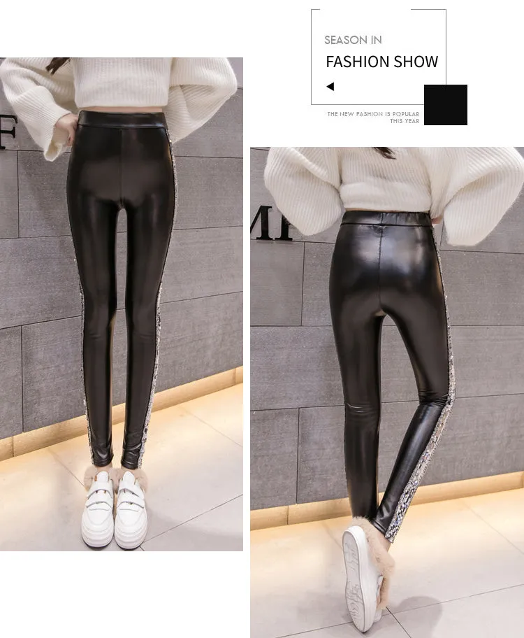 Leather Velvet Women High Waist pants