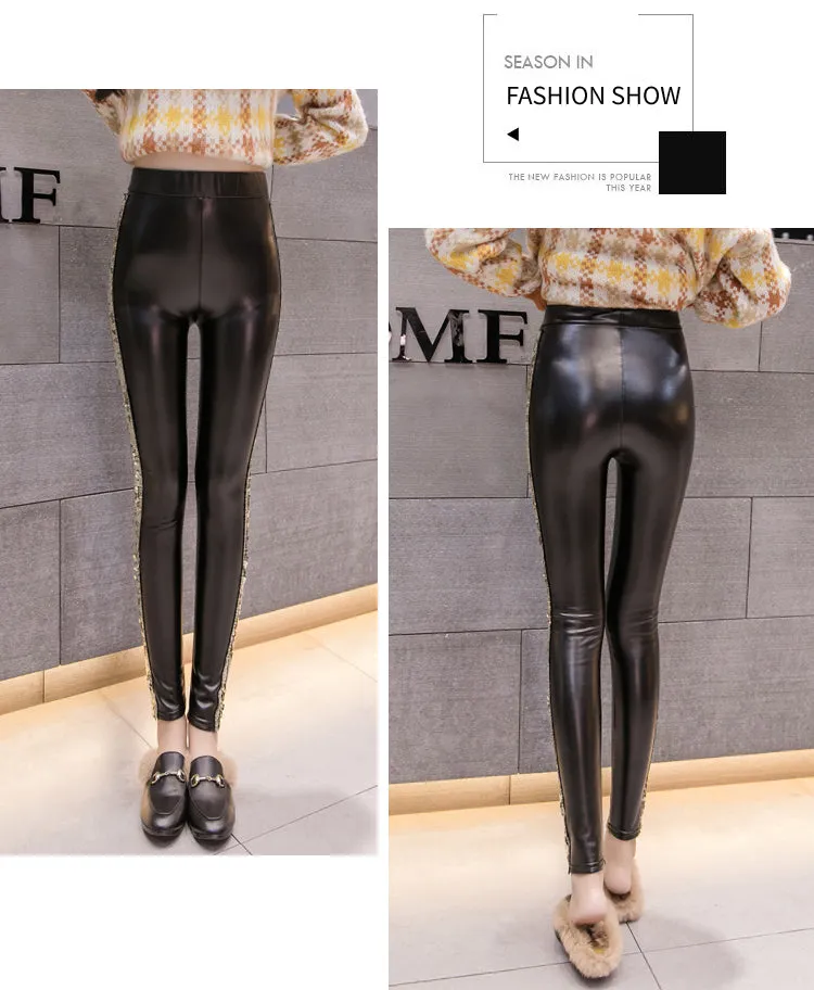 Leather Velvet Women High Waist pants