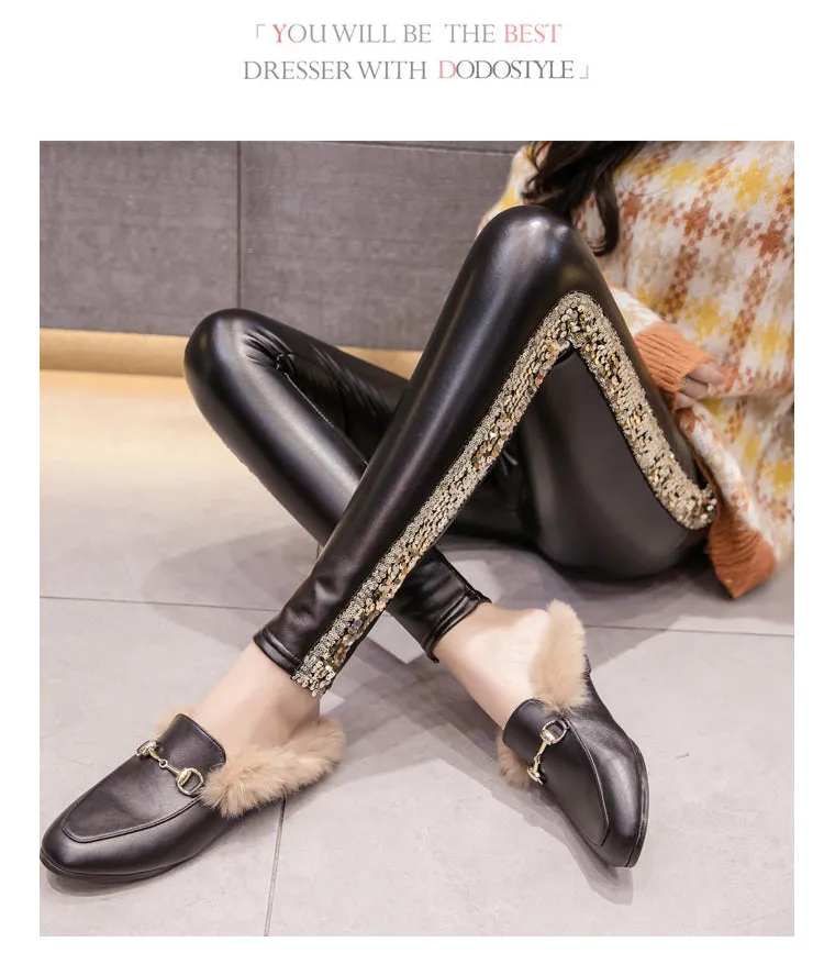 Leather Velvet Women High Waist pants