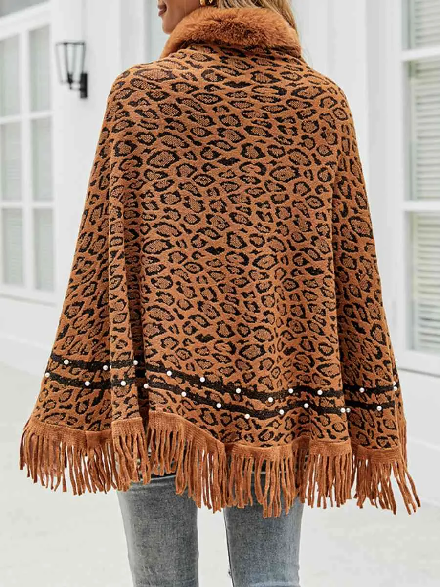 Leopard Fringe Hem Poncho