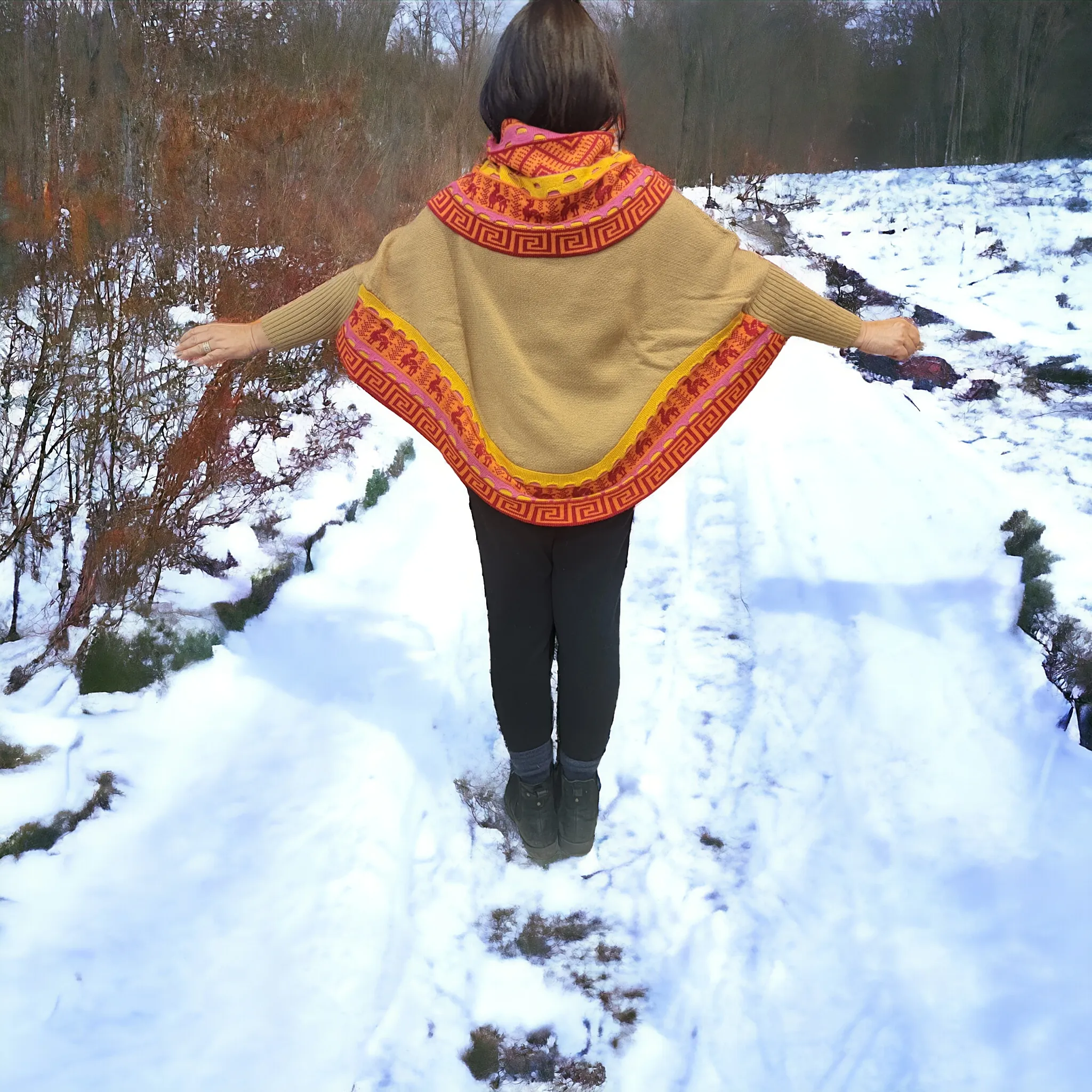 Light Brown poncho with sleeves is knit of alpaca fibers #0028