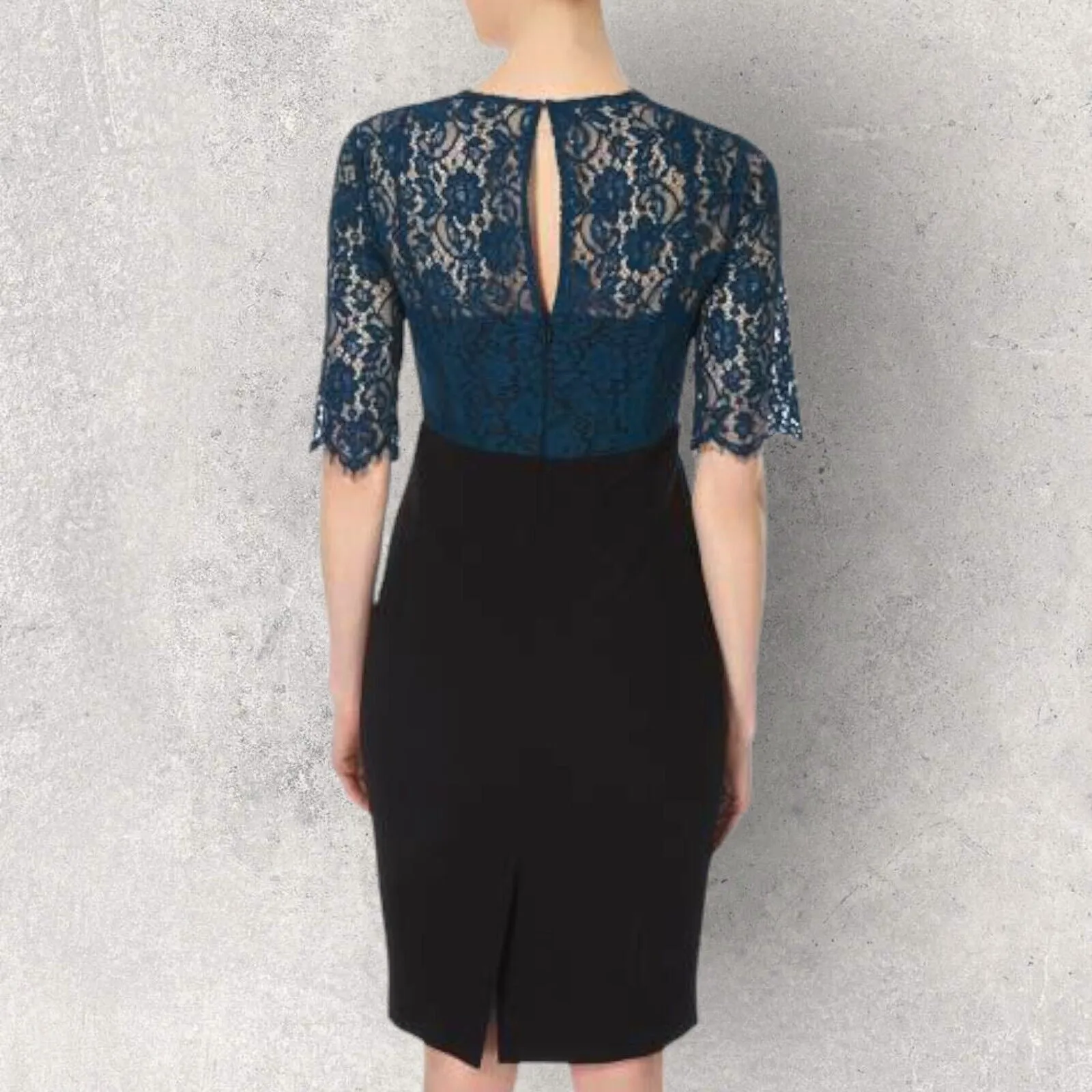 L.K. BENNETT Hou Black, Teal Lace Pencil Dress UK 12 US 8 EU 40