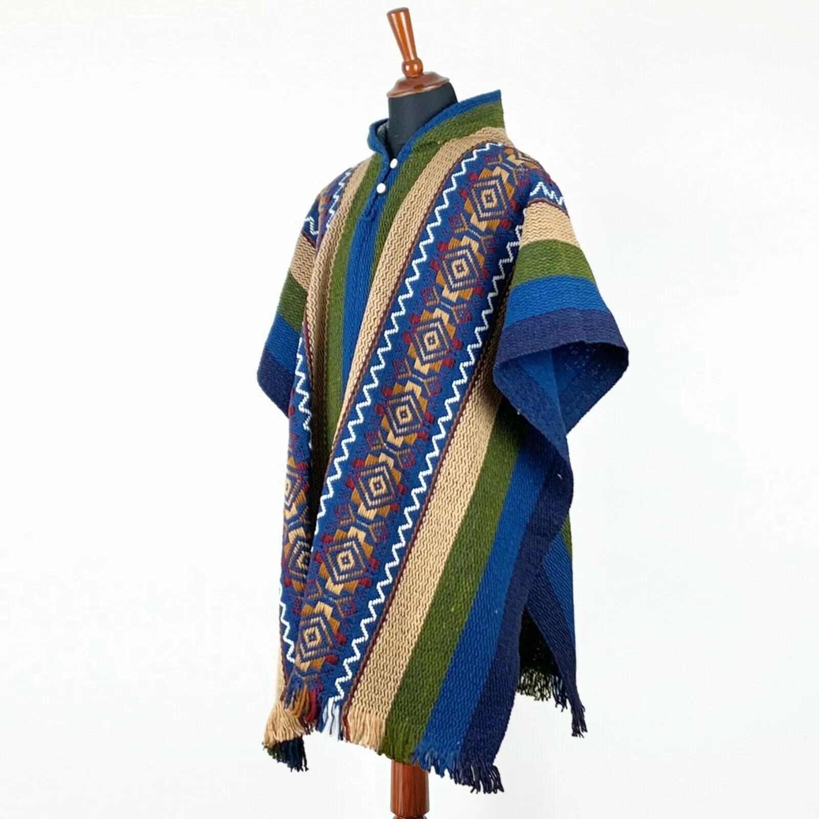 Llama Wool Unisex South American Handwoven Hooded Poncho - green/blue/khaki stripes with diamonds pattern