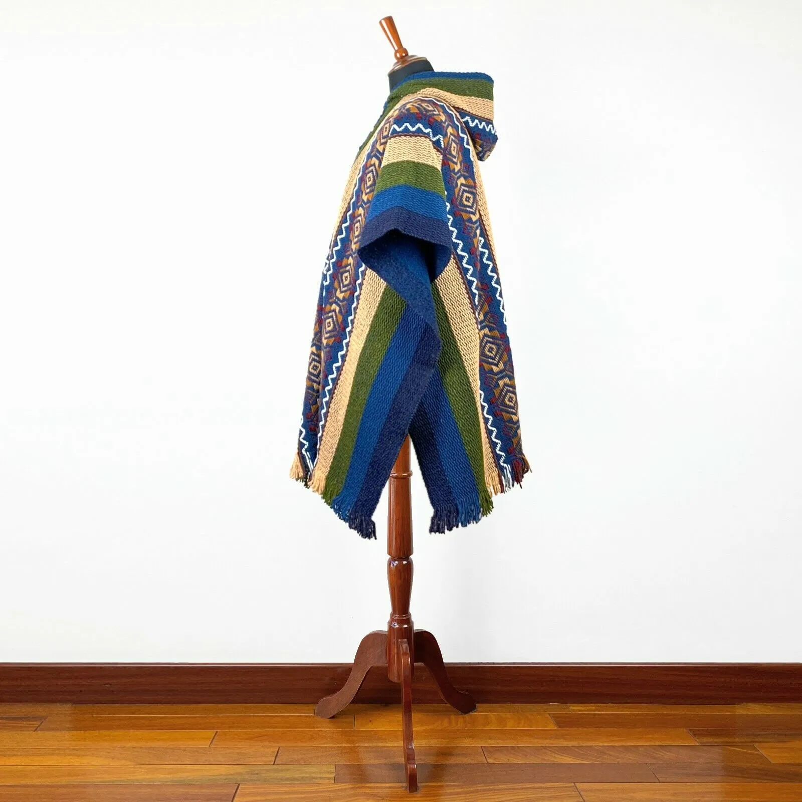 Llama Wool Unisex South American Handwoven Hooded Poncho - green/blue/khaki stripes with diamonds pattern