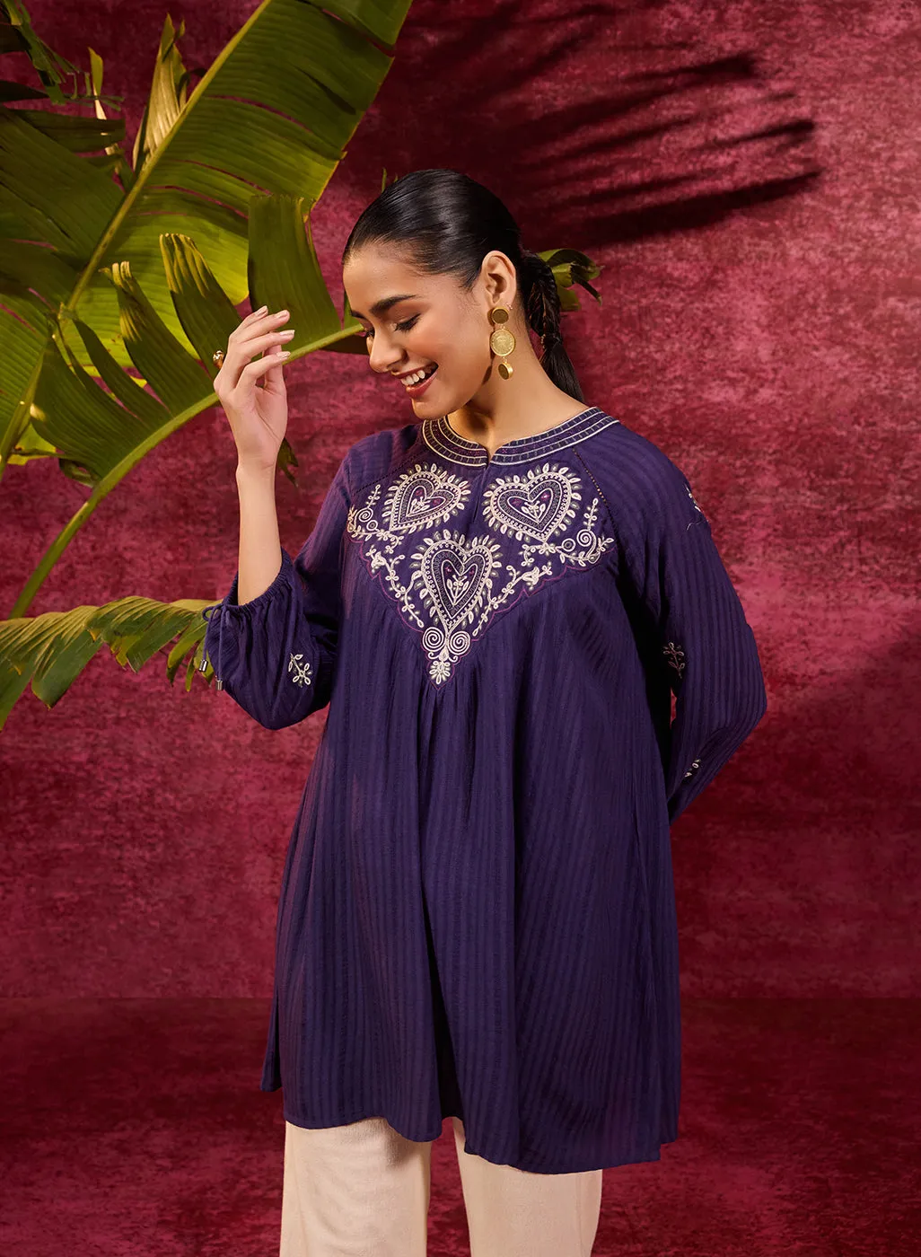 Malti Deep Purple Embroidered Striped Viscose Rayon Top For Women