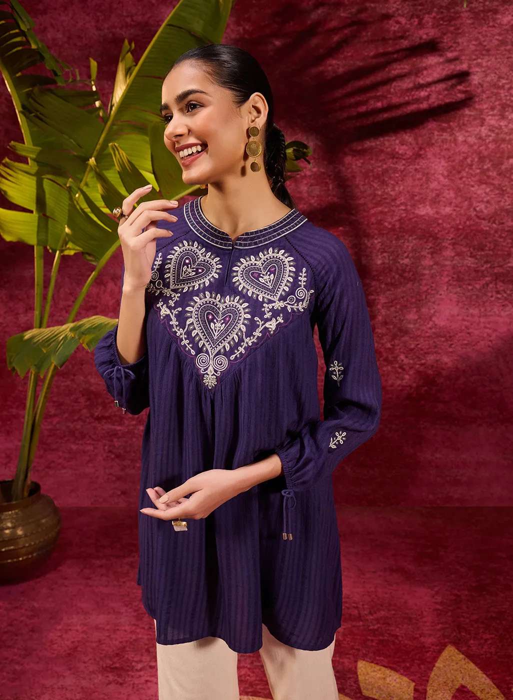 Malti Deep Purple Embroidered Striped Viscose Rayon Top For Women