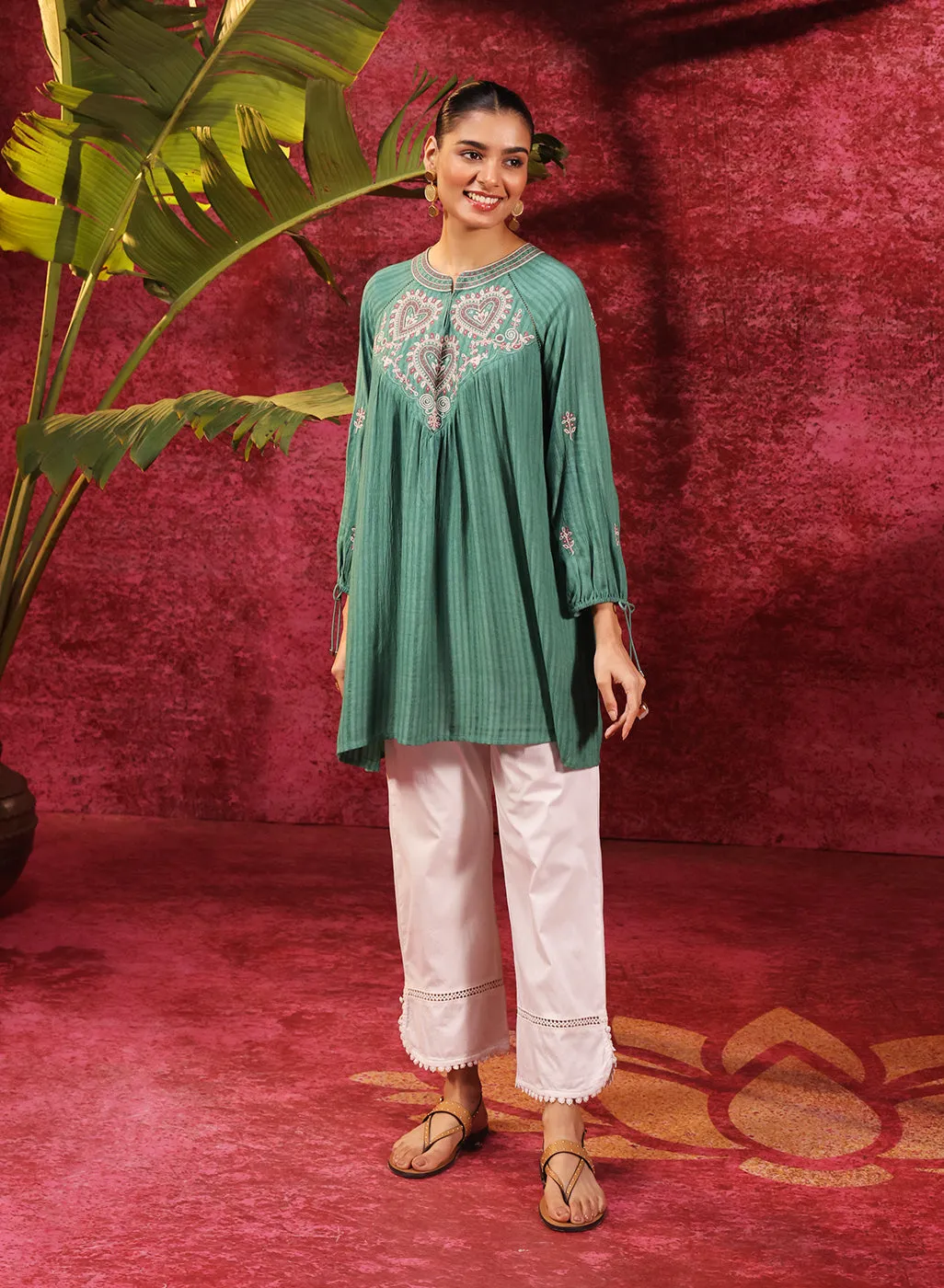 Malti Deep Sea Green Embroidered Striped Viscose Rayon Top For Women