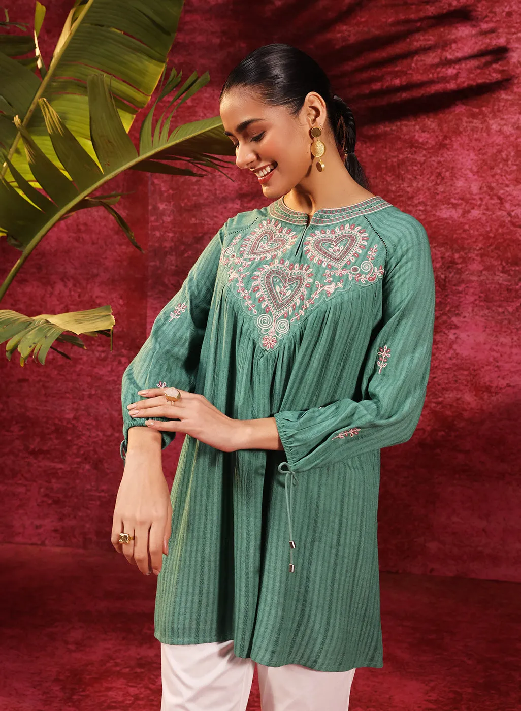 Malti Deep Sea Green Embroidered Striped Viscose Rayon Top For Women