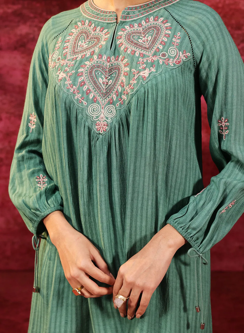 Malti Deep Sea Green Embroidered Striped Viscose Rayon Top For Women