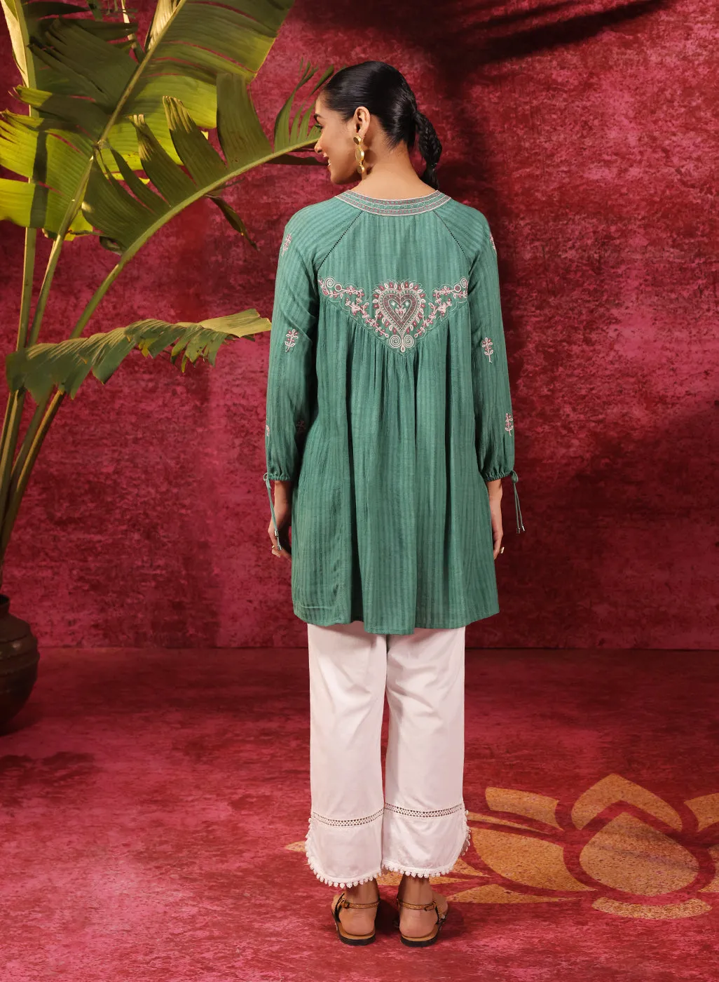 Malti Deep Sea Green Embroidered Striped Viscose Rayon Top For Women